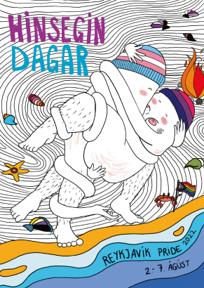 An illustration of two characters lying on a beech, intertwined and kissing. The characters are humanoid but cartoonish, with woolen hats colored like the trans and bi flags, their legs are hairy and there are strech marks on their bodies. The text overlaid says Hinsegin dagar, Reykjavik Pride 2022, 2.-7. ágúst.