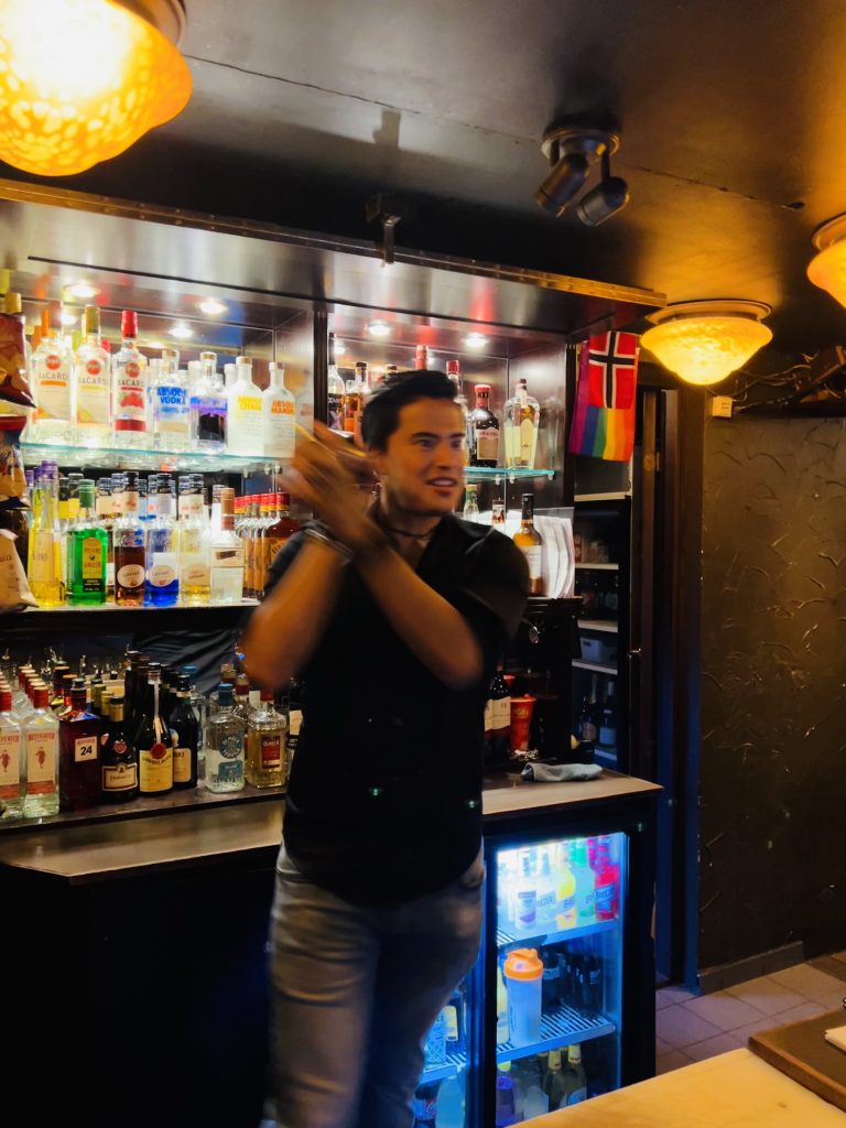 A bar tender shakes a cocktail